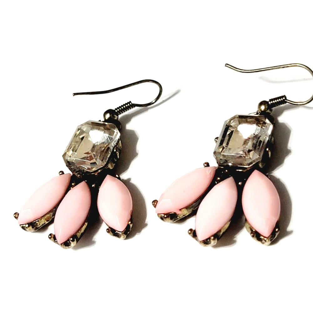 Pink & Clear Dangle Pierced Earrings 1.25” Lucite Gold-tone Ornate rp-36